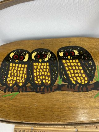 Vintage Signed Caro Nan Hand Painted Rustic Wood Woven Basket Purse Lid Owls 2