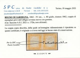 1862 ITALY SARDINIA 80c PAIR WITH NO EMBOSSED CENTER VARIETY 3