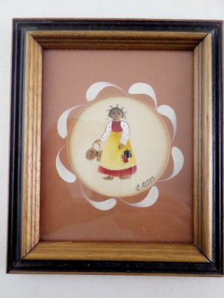 Vintage Framed Folk Art Theorem Painting By R.  Ross - Little Girl W/ Braids