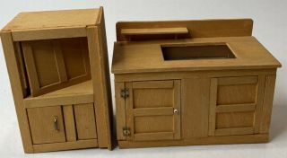 Vintage Doll House Furniture Kitchen Cupboards Cabinets 2pc Light Stained Wood