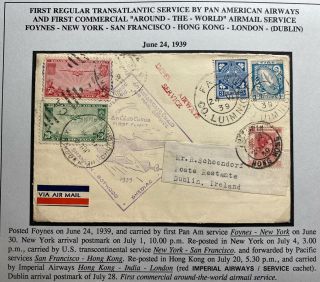 1939 Foynes Ireland First Flight Airmail Cover Ffc To York Usa Via Hong Kong