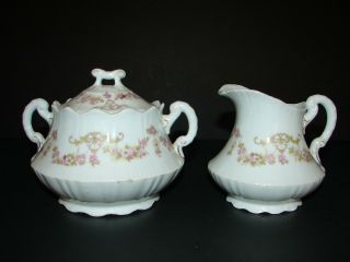 Antique Vienna Austria Vnn2 Porcelain Sugar Bowl & Creamer Set Pink Rose Garland