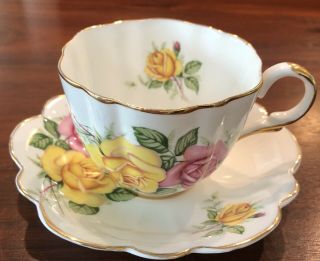 Crownford China England Pink Yellow Roses Teacup Saucer