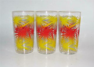 3 Vintage Federal Glass Shooting Star Tumblers Red Orange Yellow Mid - Century Mod