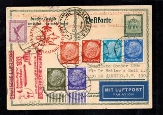 1933 Germany Lz 127 Graf Zeppelin Postcard Cover To Rio De Janeiro Brazil 4 Saf