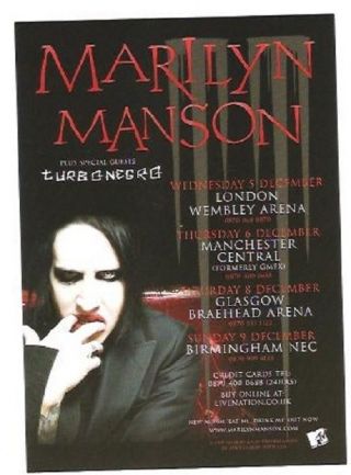 Marilyn Manson / Turbo Negro 2007 Tour Uk Flyer / Mini Poster 6x4 Inches On Card