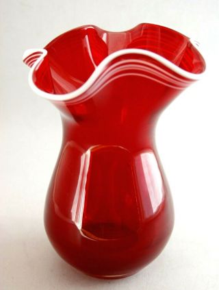 Vintage Hand Blown Murano Ruby Red Art Glass Vase With White Piping 7 "