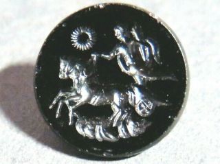 Sml Black Glass Button - Incised Chariot Driver,  Concave Center,  Mythology