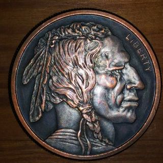 1 Oz 999 Fine Copper,  " Buffalo Nickel " Design,  Antique Worry Coin,  Dark Patina