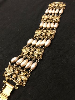 Florenza Look Antique Gold And Baroque Pearl Panel Bracelet Vintage