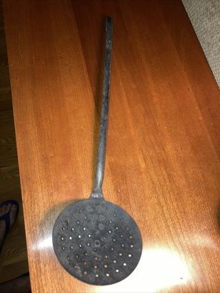 Antique Primitive Cast Iron Large Ladle 19” Strainer Spoon Hand Made Usa Decor