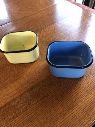 2 Vintage Beco Ware Enameled Fridge Dishes Yellow And Blue W/ Black Trim