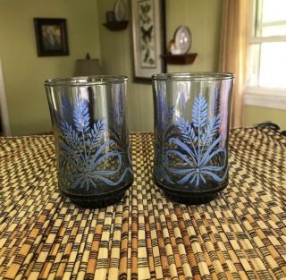 Vintage 1970’s Libbey Blue Floral Bow Small Juice Glass Set Of 2