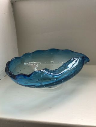 Vintage Murano Glass Ashtray Controlled Bubbles Blue Shell Shape