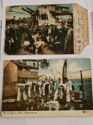 Antique Us Navy U.  S.  Sailors Life " Wrestling Match ",  " Cleaning Up " 2 - Postcards