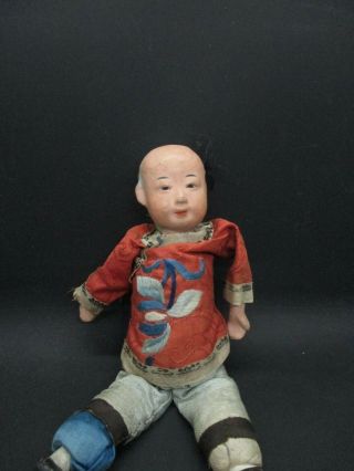 Antique Collectible Chinese Doll In Silk Clothing,  Composition Head