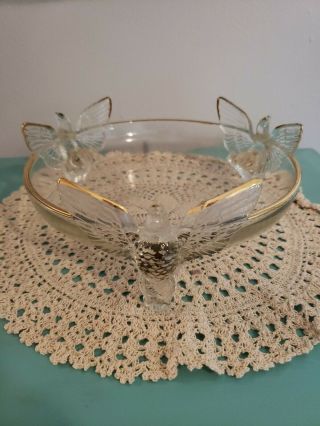 Vintage Jeannette Glass Co.  Footed 3 Eagle Bird 7 " Diam.  Bowl,  Gilt Rim Vguc