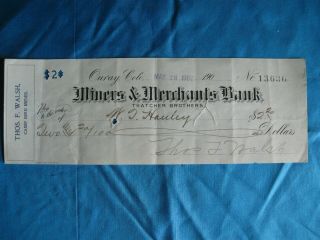 1902 Ouray Colo Bank Check Thos.  Walsh Camp Bird Miners & Merchant Bank