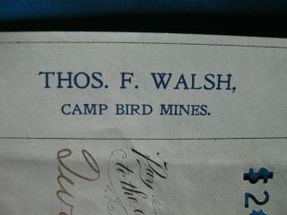 1902 Ouray Colo Bank Check Thos.  Walsh Camp Bird Miners & Merchant Bank 3