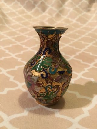 Chinese Brass Enamel Floral CloisonnÉ Champleve Miniature Vase