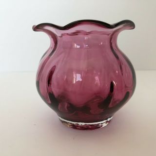 Vintage Pilgrim Glass Cranberry Swirl Vase Ruffled Edge 3” Tall