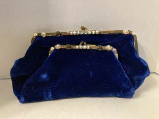 Vintage Velvet Clutch And Coin Purse With Embellishments And Pink Silk Interior