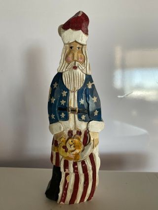 Primitive Vintage Hand Painted Carved Wood Patriotic Santa Figurine 9” Statue
