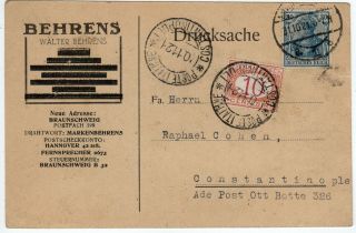 Constantinople 1921 10c Segnatasse On Card / Turkey / Levant / Italy / Germany