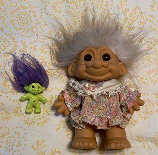 Vintage Russ 8 " Girl Troll Doll W/light Pink/gray Hair Floral Dress,  Mini Green