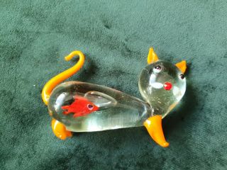 Murano Style Clear Art Glass Cat With Goldfish Fish Inside It 