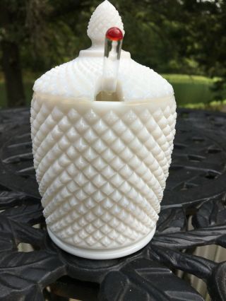 Westmoreland Glass English Hobnail Milk Glass Covered Marmalade With Glass Spoo