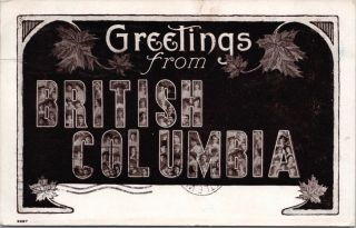 Greetings From British Columbia Bc Black Large Letter C1908 Antique Postcard E27