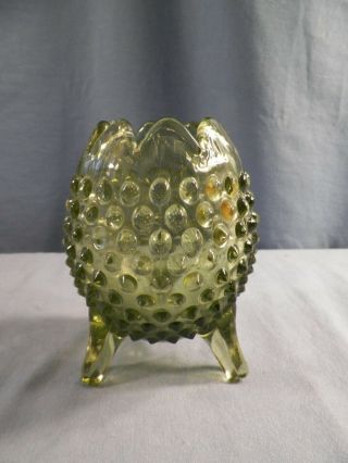 Fenton Olive Green Glass Hobnail 3 Footed Egg Shaped Vase 5 " Tall