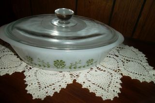 Vintage Glasbake J235 1 Qt Oval Casserole Dish With Lid Green Flowers -