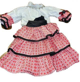 Vintage 18” Porcelain Doll Dress 2pc Red White Black Tierd Ruffled Skirt
