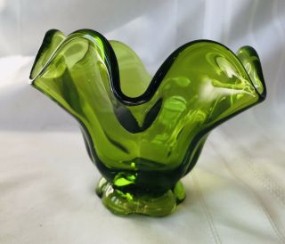 Vintage Avocado Green Glass Ruffled Edge Compote Candy Dish 4 - 1/4” Tall