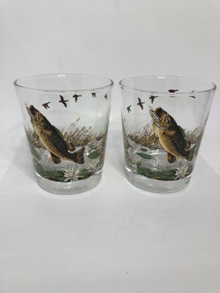 Libby Vintage 2 Bass Fishing Duck Hunting Bar Glasses 12 Ounce