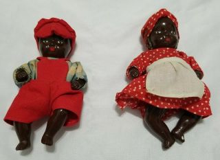 Early Black Americana Boy & Girl Bisque Porcelain 5 " Jointed Dolls