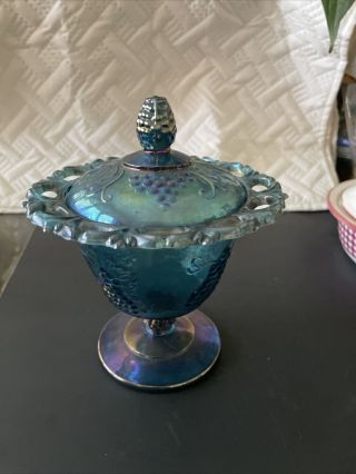 Vintage Blue Carnival Indiana Glass Harvest Grape Candy Dish Compote W Lid