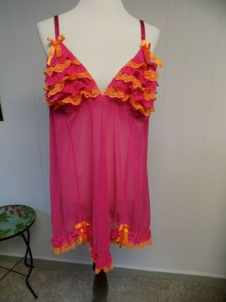 Vintage Cacique Chiffon Hot Pink Orange Lace Negligee Lingerie Nightgown 22/24