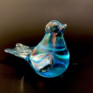 Vintage Blue Iridescent Hand Blown Art Glass Bird Figurine Paperweight