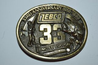 Vintage 1988 Zebco 33rd Year Bass Fishing Fisherman Solid Brass Tone Belt Buckle
