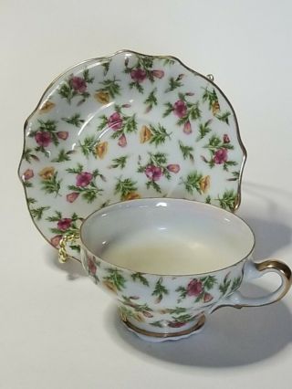 Vintage/antique Unmarked Pink & Yellow Floral On White Gold Trim Tea Cup&saucer