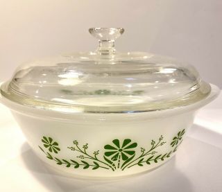 Vintage Glasbake Green Crazy Daisy Casserole Baking Dish 2 Qt With Lid J514