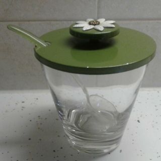 Vintage Glass Jam Jar With Green Metal Lid / Spoon