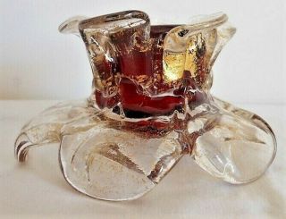 Vintage Murano Art Glass,  Clear,  Ruby Red & Gold Aventurine Flower Candle Holder