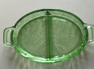 Vintage Jeanette Green Deco Depression Glass Divided Oval Relish Nut Candy Dish