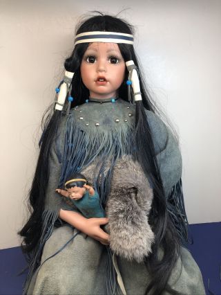 23” Sitting Artist Made Porcelain & Cloth Native American Girl Doll L