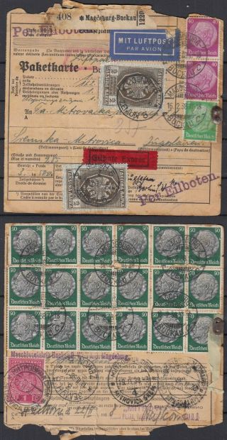 Germany Reich 1938 ☀ Parcel Post Card Magdeburg Buckau To Sremska Mitrovica Yu