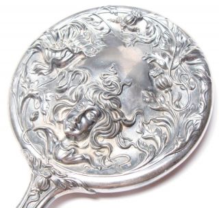 Antique Art Nouveau Silver Plated Hand Mirror Woman’s Face & Flowers Repousse